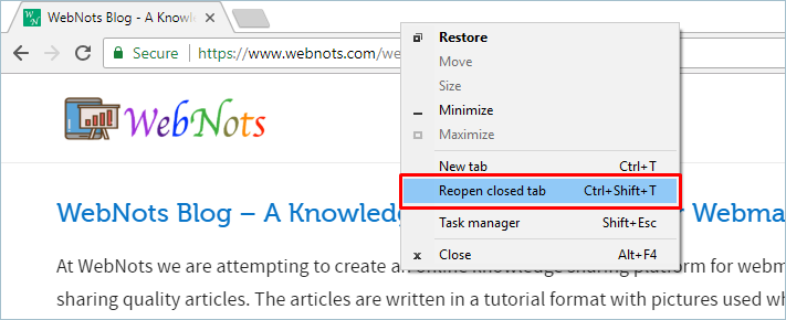 通过右键单击重新打开关闭的选项卡