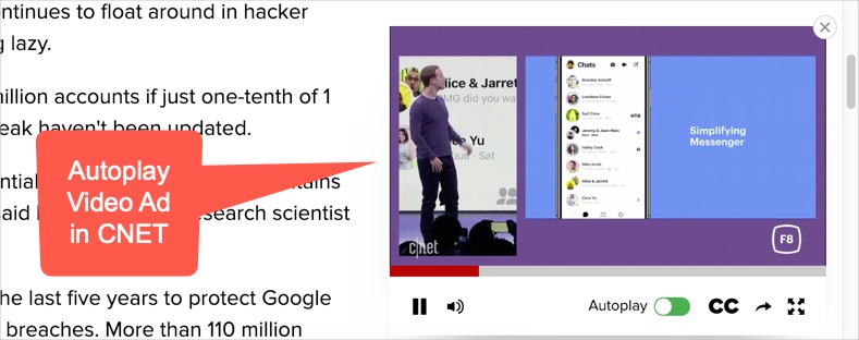 CNET 中的视频弹出广告