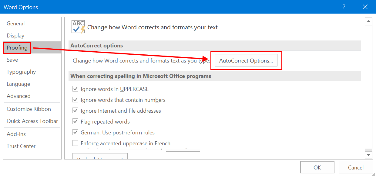 Office 中的自动更正设置