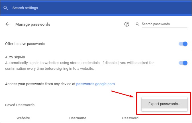 在 Chrome 中导出密码