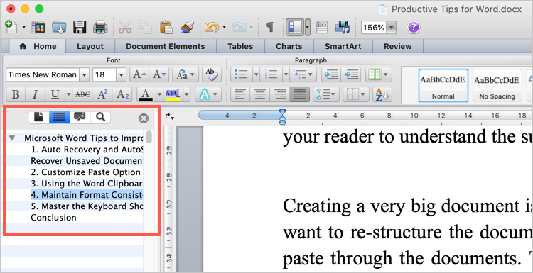 Mac Word 中的文档映射窗格