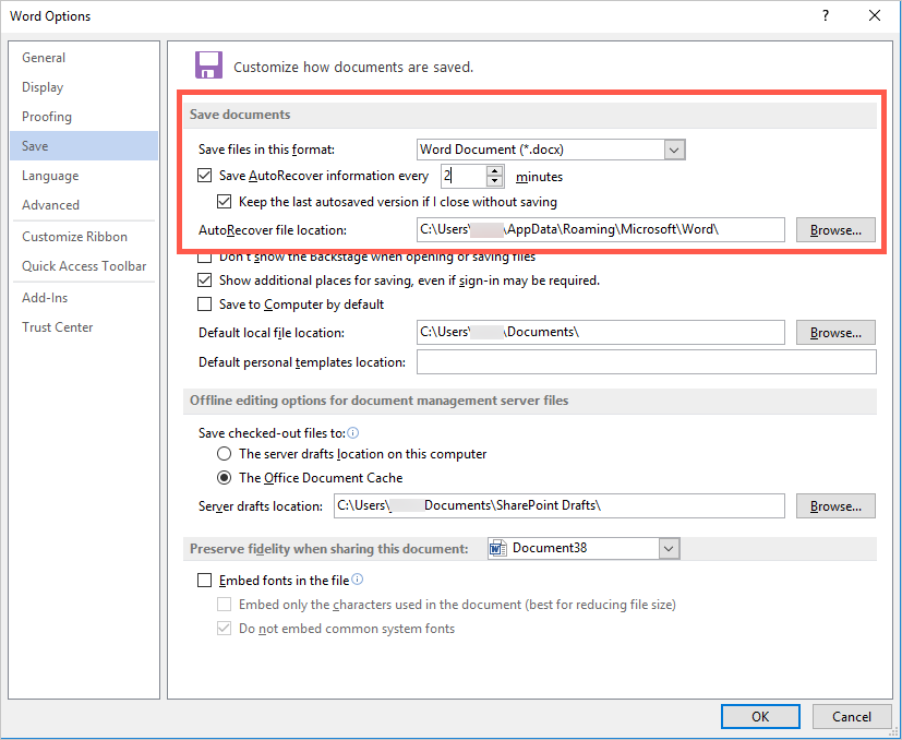 在 Word 中设置自动保存选项