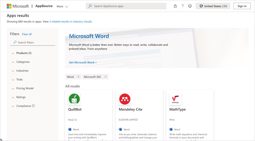 Word Mac 中的 Microsoft AppSource 商店