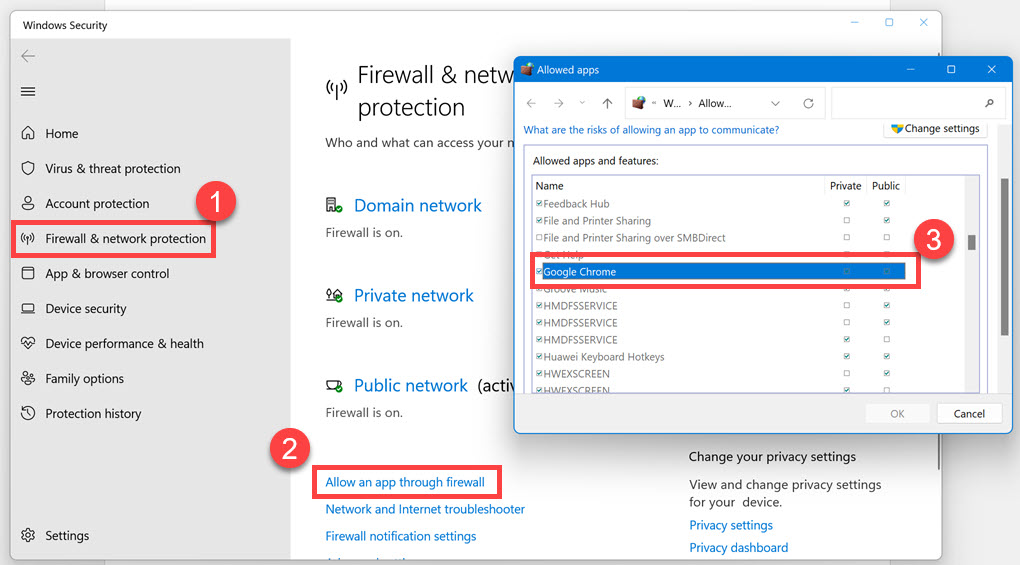 允许 Google Chrome 通过 Windows Defender