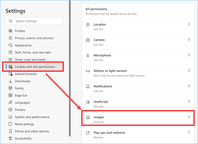 检查 Edge 中所有站点的图像权限
