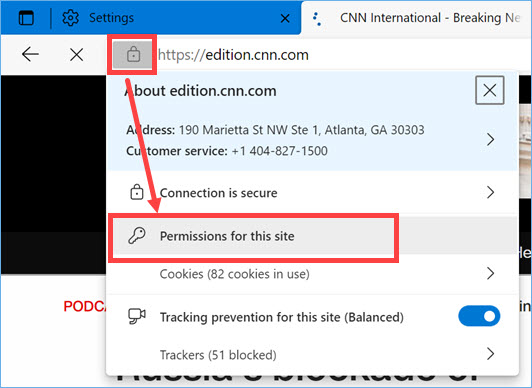 在 Edge 中检查网站权限