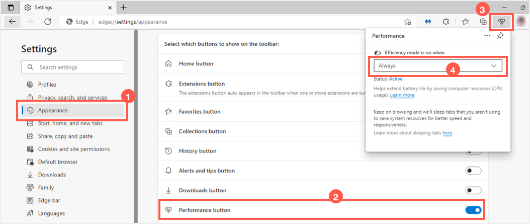 在 Microsoft Edge 中启用性能