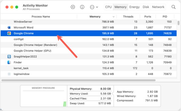 在 Mac 活动监视器中检查 Chrome