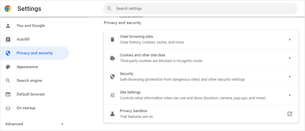 Chrome 隐私和设置信息中心