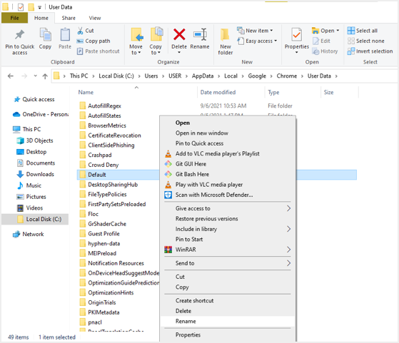 找到并删除 Chrome 数据文件夹