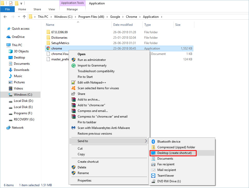创建 Google Chrome 桌面的快捷方式
