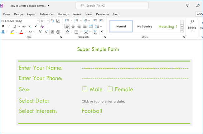 Word中的简单可编辑表单