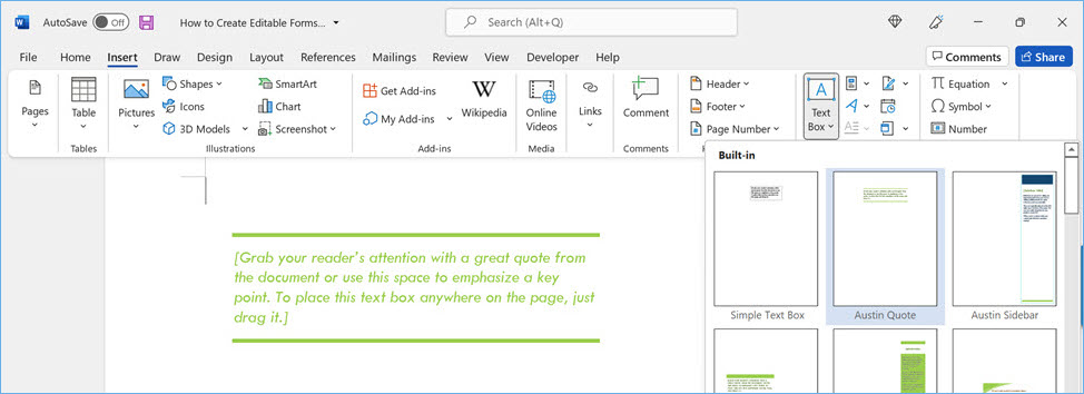 在 Word 中插入文本框