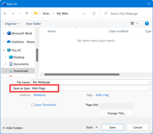 为另存为类型选择的网页