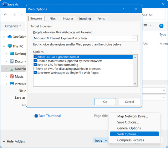 将文档另存为网页的 Web 选项
