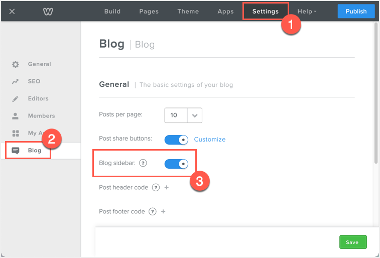 在 Weebly 博客文章中启用或禁用侧边栏