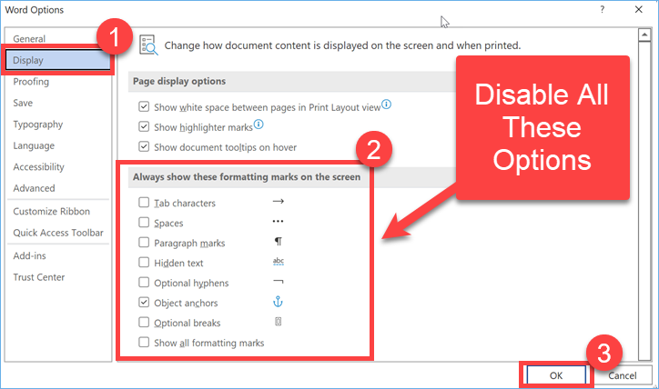 禁用 Word 中的所有格式标记