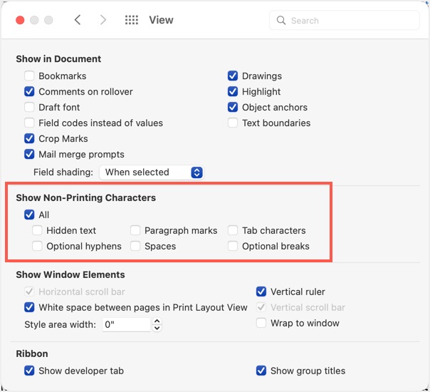 在 Word Mac 中禁用显示非打印字符
