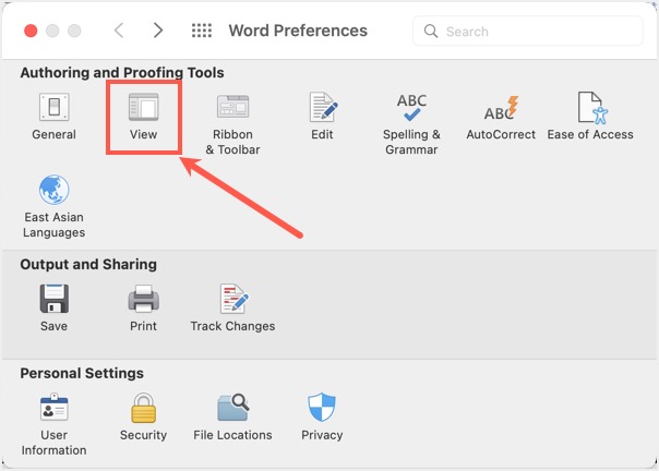 在 Mac 的 Word 首选项中打开视图
