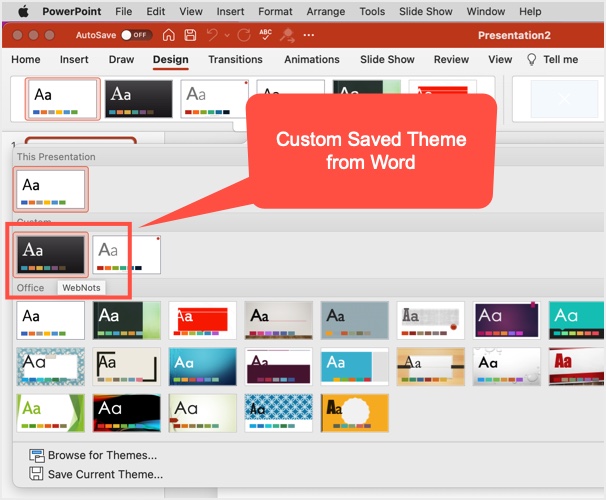 在 PowerPoint 中从 Word 自定义保存的主题