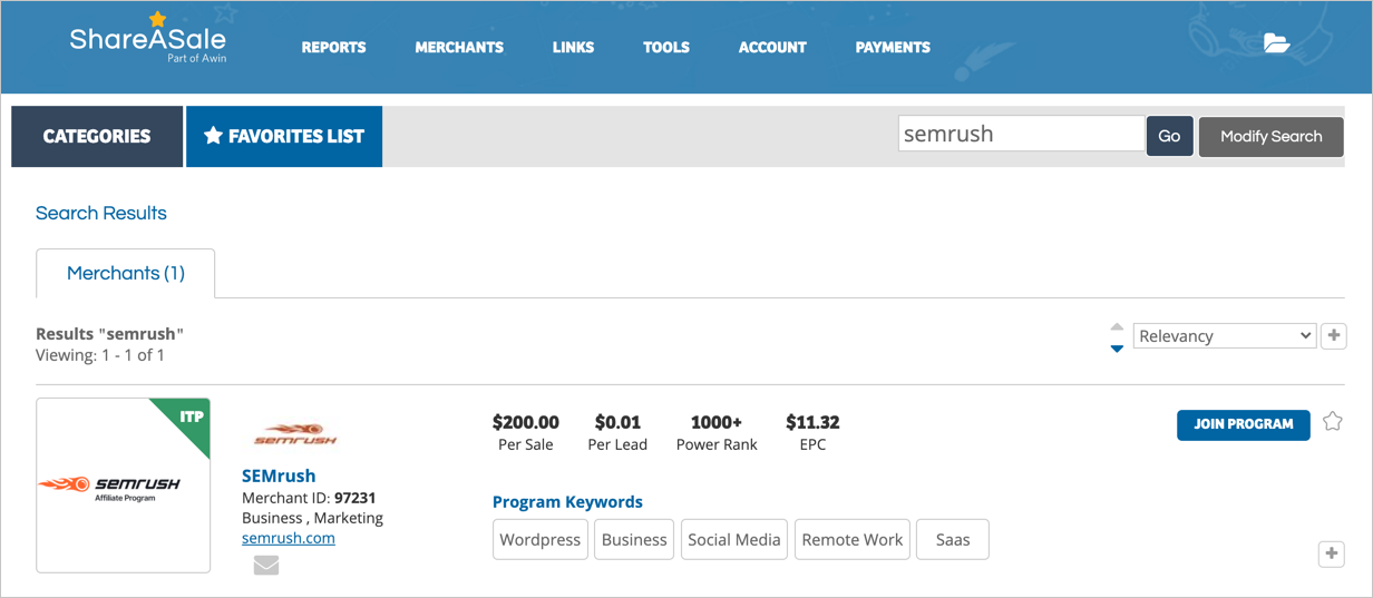 在 ShareASale 中查找 SEMrush 程序