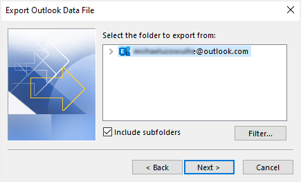 选择 Outlook 帐户以导出数据