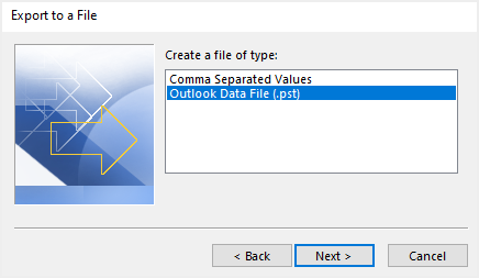 将 Outlook 中的导出文件类型指定为 PST