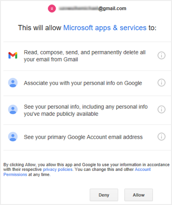 允许 Microsoft 应用和服务访问 Gmail 帐户
