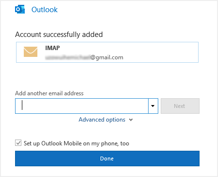 成功将 Gmail 帐户添加到 Outlook App