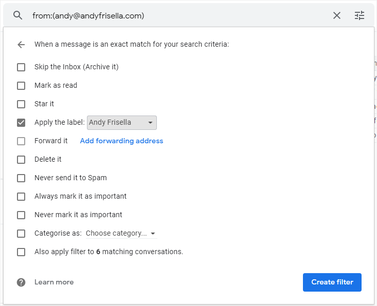 指定标签并最终创建 Gmail 过滤器