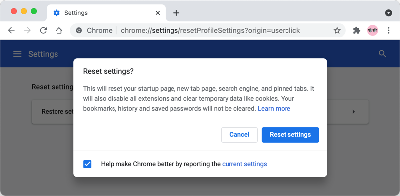 在 Mac 中重置 Chrome 设置