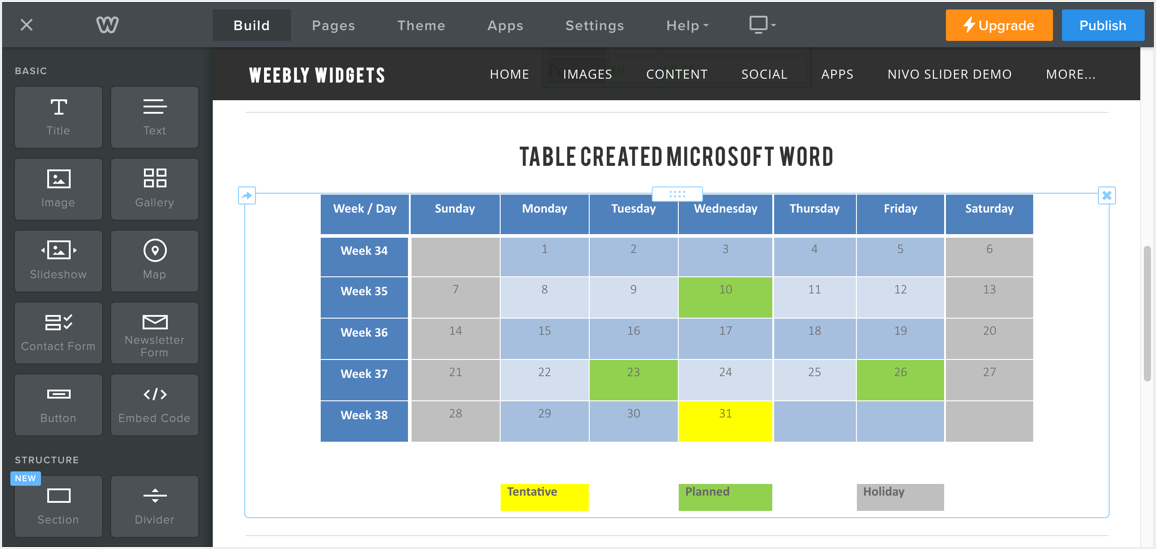 在 Weebly 编辑器中嵌入单词表