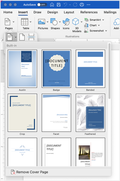 在 Word Mac 中选择封面页库
