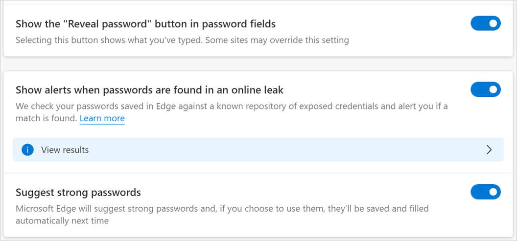 Edge 中的密码安全选项