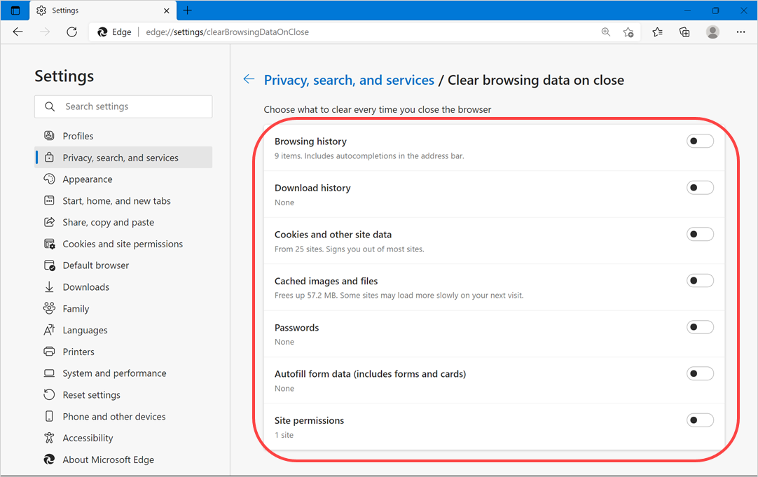 选择关闭时清除浏览数据