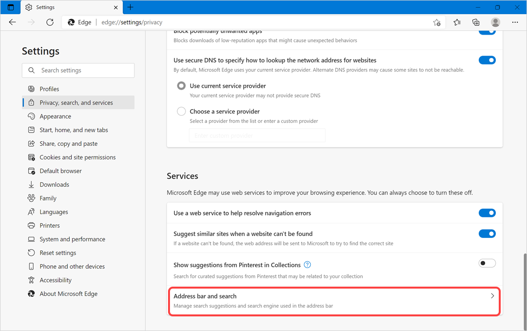 在 Edge 中禁用 Microsoft 服务