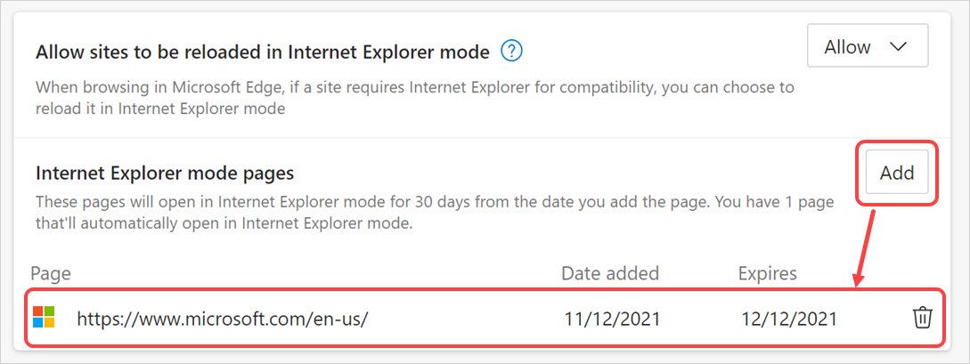 添加 Internet Explorer 模式页面