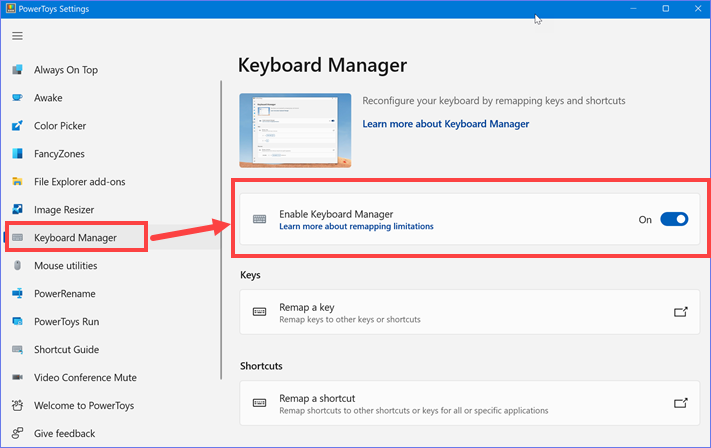 打开 PowerToys 键盘管理器