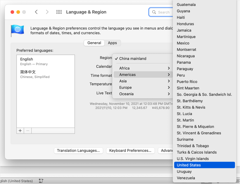 选择美国作为地区