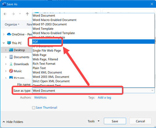 选择另存为类型 PDF