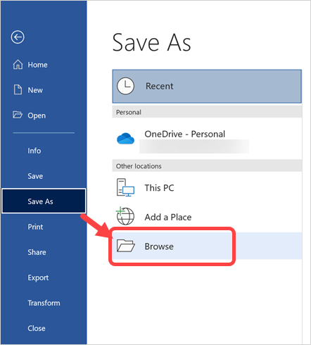 转到另存为菜单并浏览位置