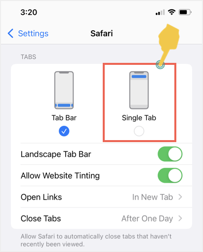 选择单个选项卡视图