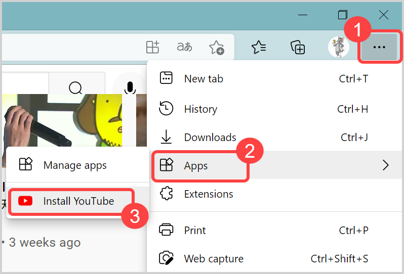 从 Edge 菜单安装 YouTube