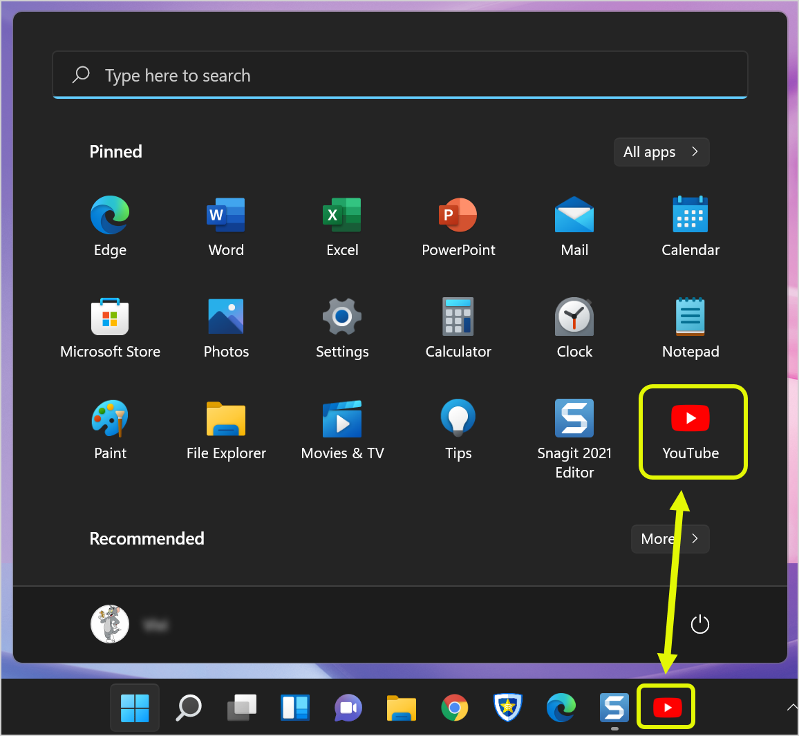 开始菜单和任务栏中的 YouTube 应用