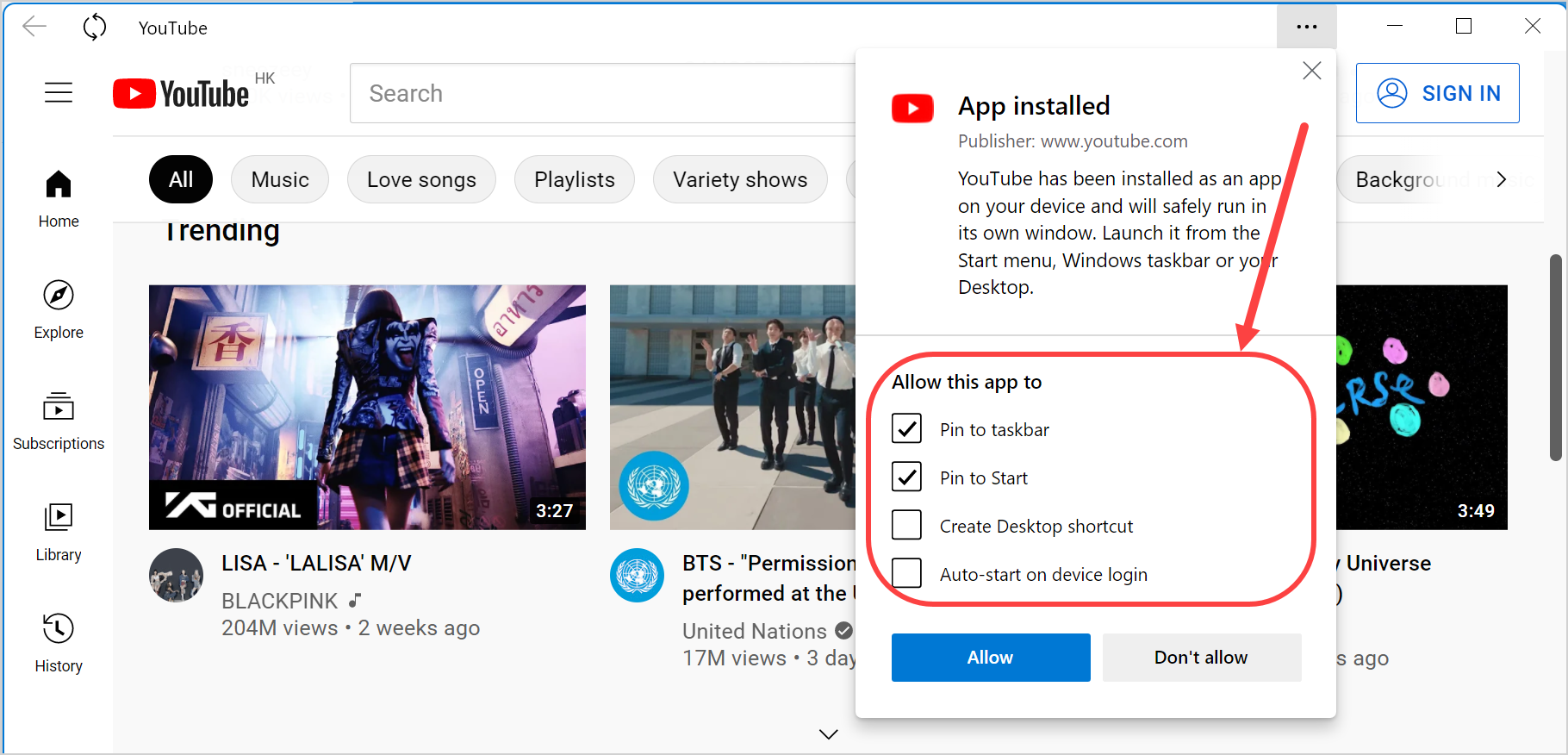 安装在 Windows 11 中的 YouTube 应用