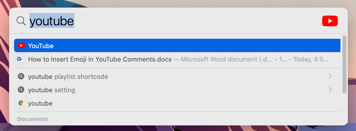 Spotlight 搜索中的 YouTube 应用