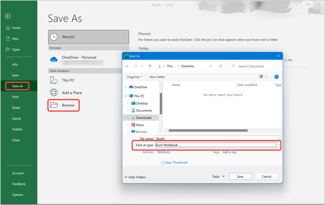 在 Excel 中打开另存为对话框