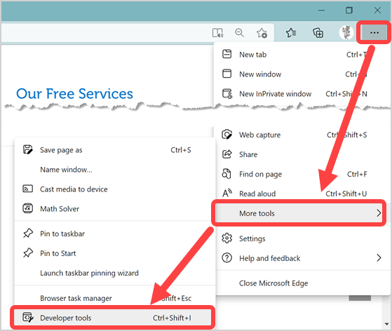 从 Edge 设置中打开开发者工具