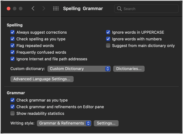 Word Mac 中的拼写语法检查器首选项