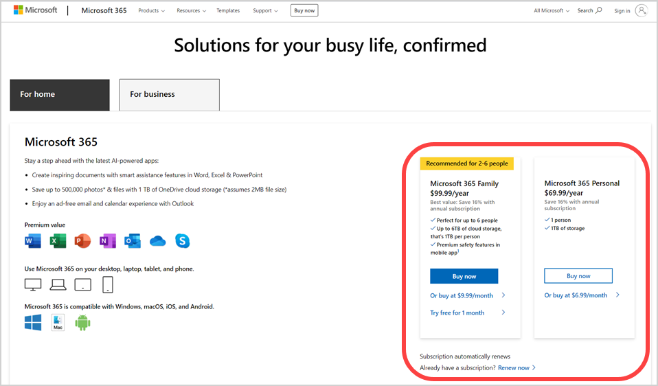 购买 Microsoft 365 订阅